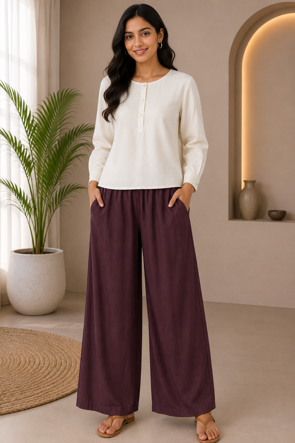 Purple Solid Wide-Leg Palazzo with Pockets