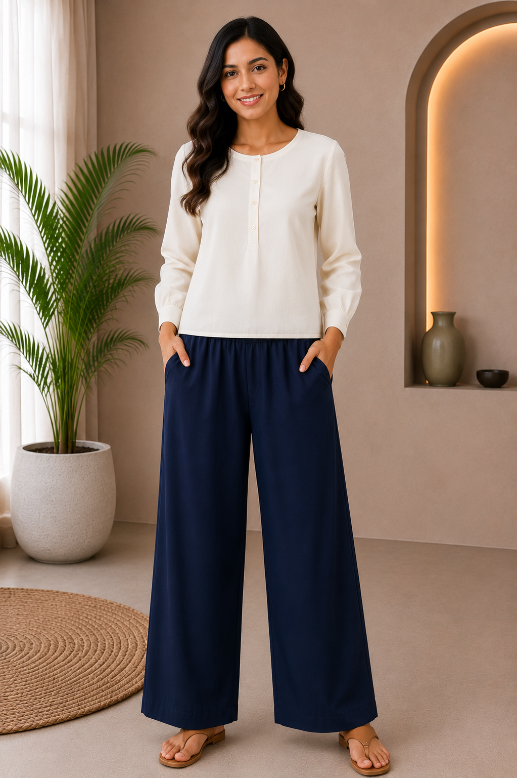 Navy Blue Solid Wide-Leg Palazzo with Pockets