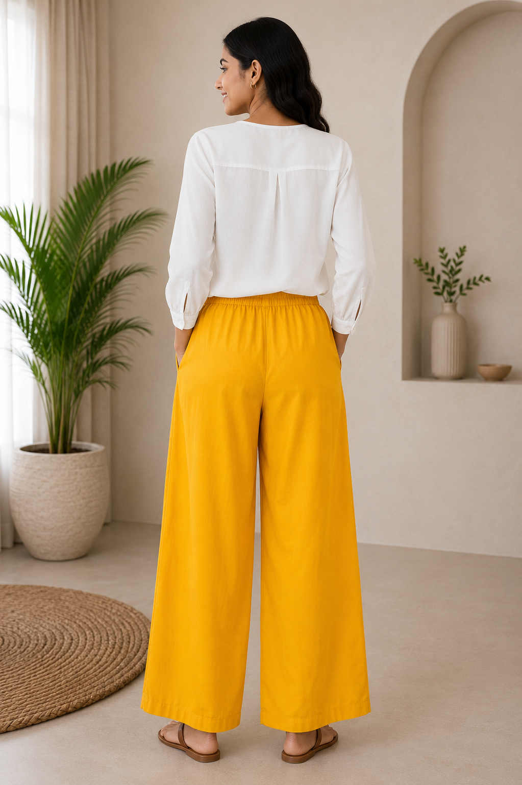 Yellow Solid Wide-Leg Palazzo with Pockets