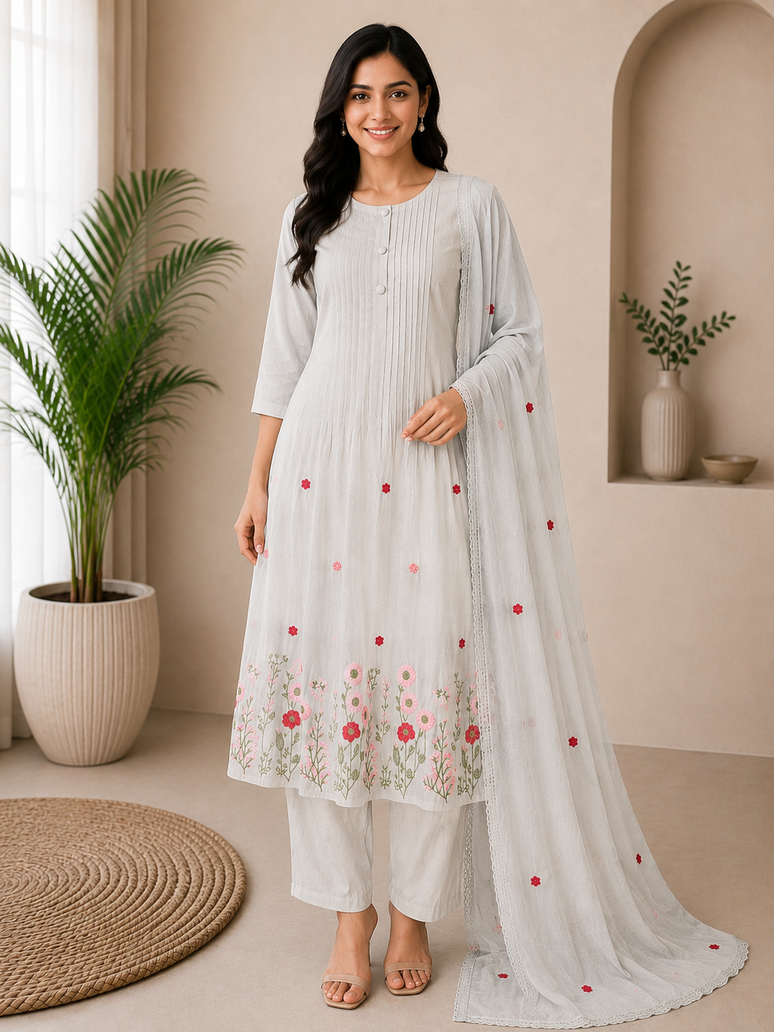 Elegant Off-White Pleated and Embroidered 3-Piece Rayon Kurti Set