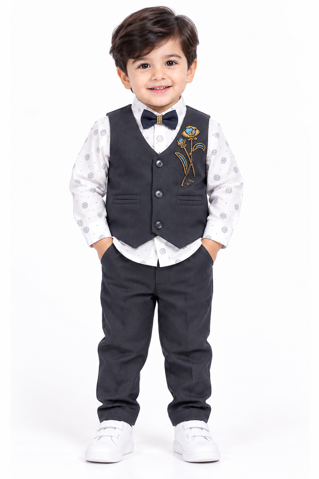 Boys Charcoal Grey and White Rose Embroidered Vest Coat, Shirt, and Charcoal Grey Elastic Waist Pant Set