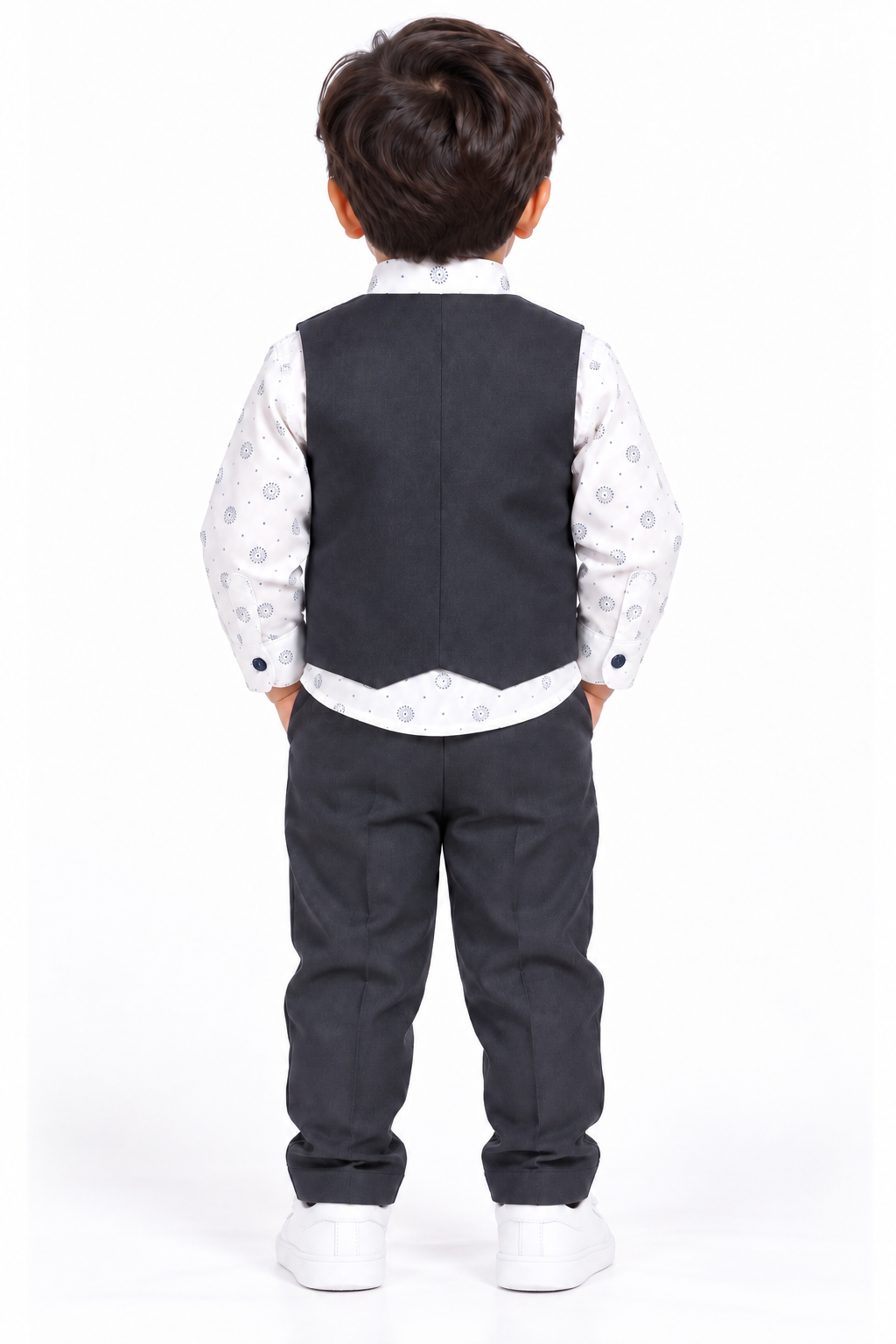 Boys Charcoal Grey and White Rose Embroidered Vest Coat, Shirt, and Charcoal Grey Elastic Waist Pant Set