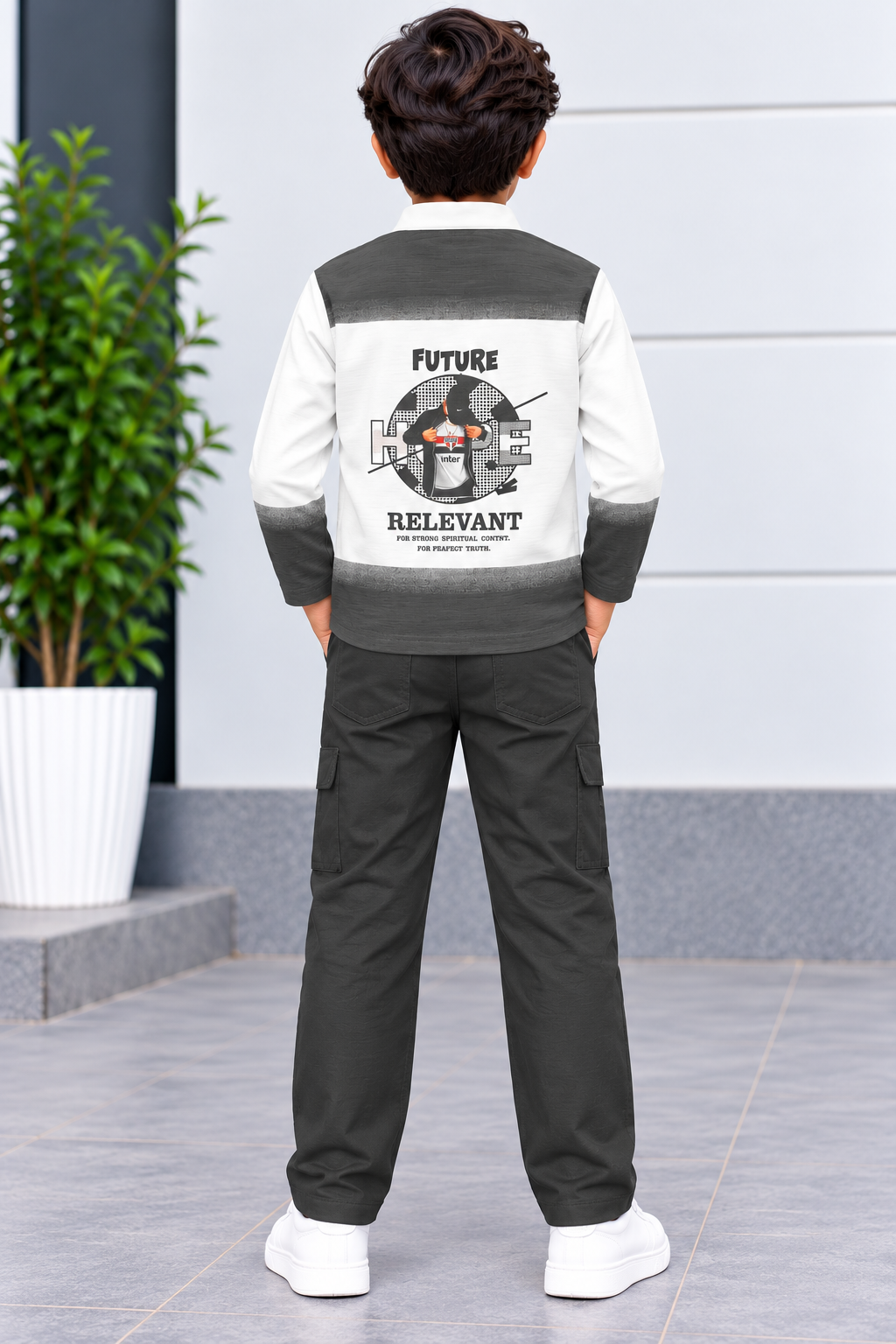 Boys Dark Grey and White Gradient Coat, T-Shirt, and Dark Grey Elastic Waist Pant Set
