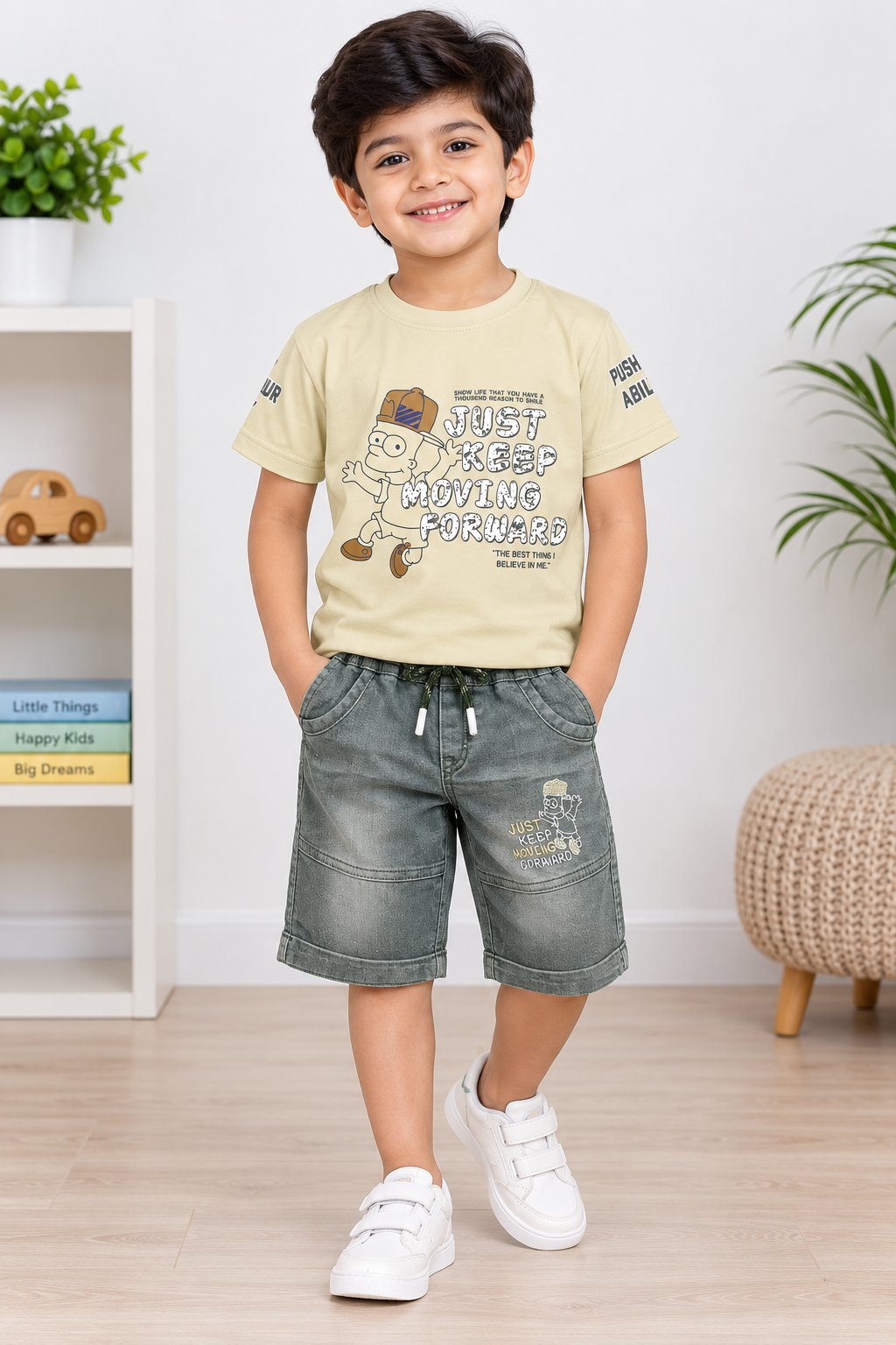 Boys Light Pista Green Graphic T-Shirt & Grey Denim Short Set