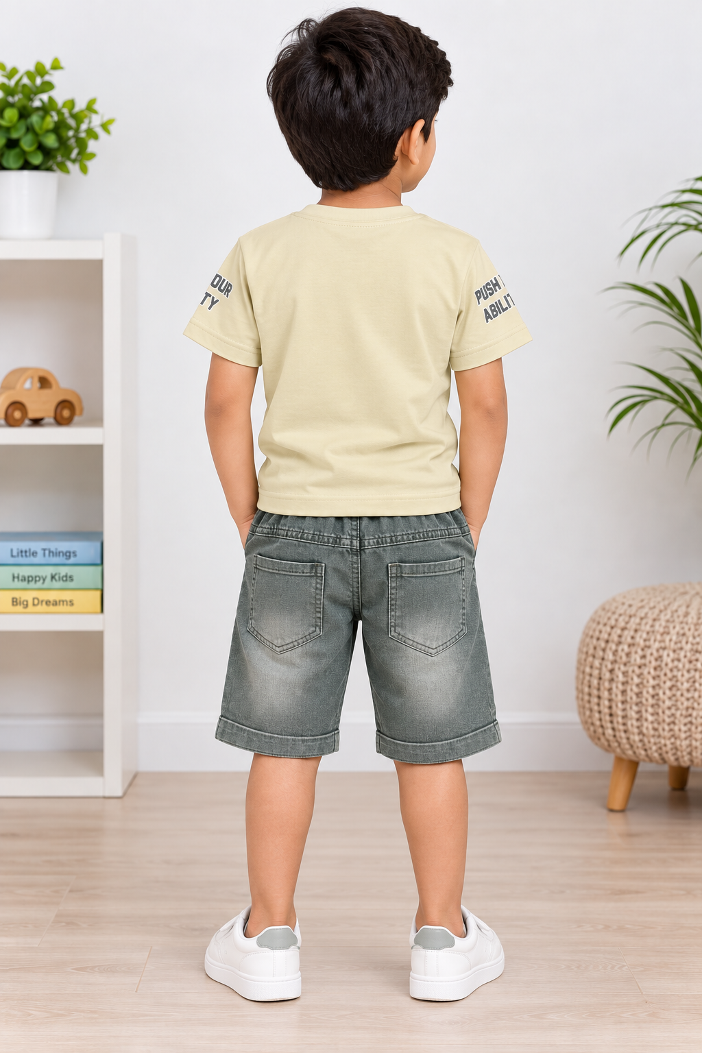 Boys Light Pista Green Graphic T-Shirt & Grey Denim Short Set