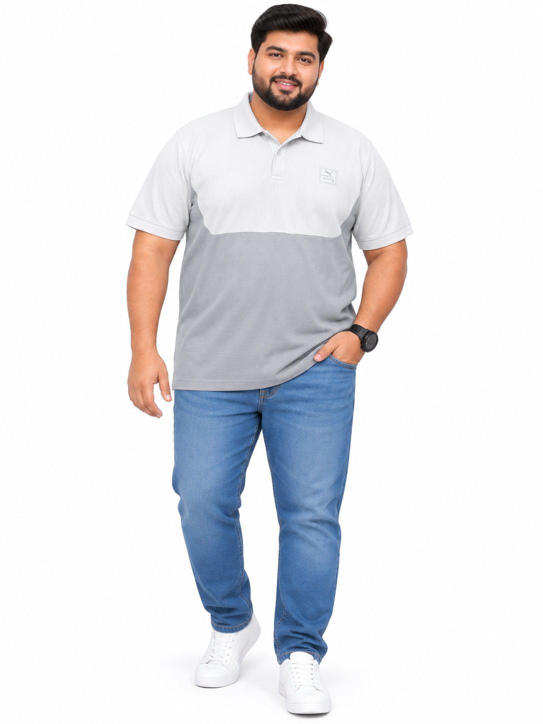 Men’s White & Grey Colour Block Polo T-Shirt