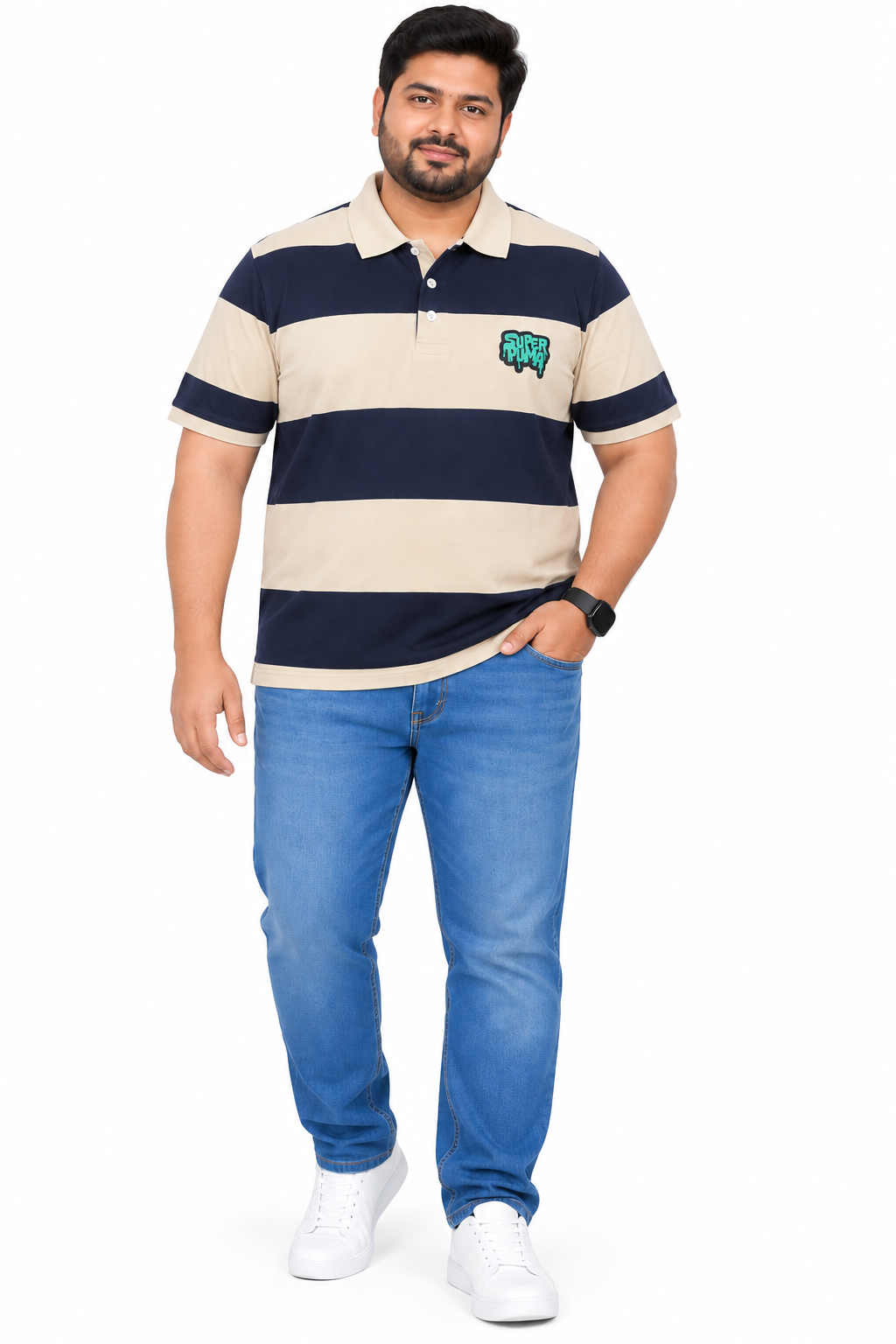 Men’s Cream & Navy Striped Polo T-Shirt