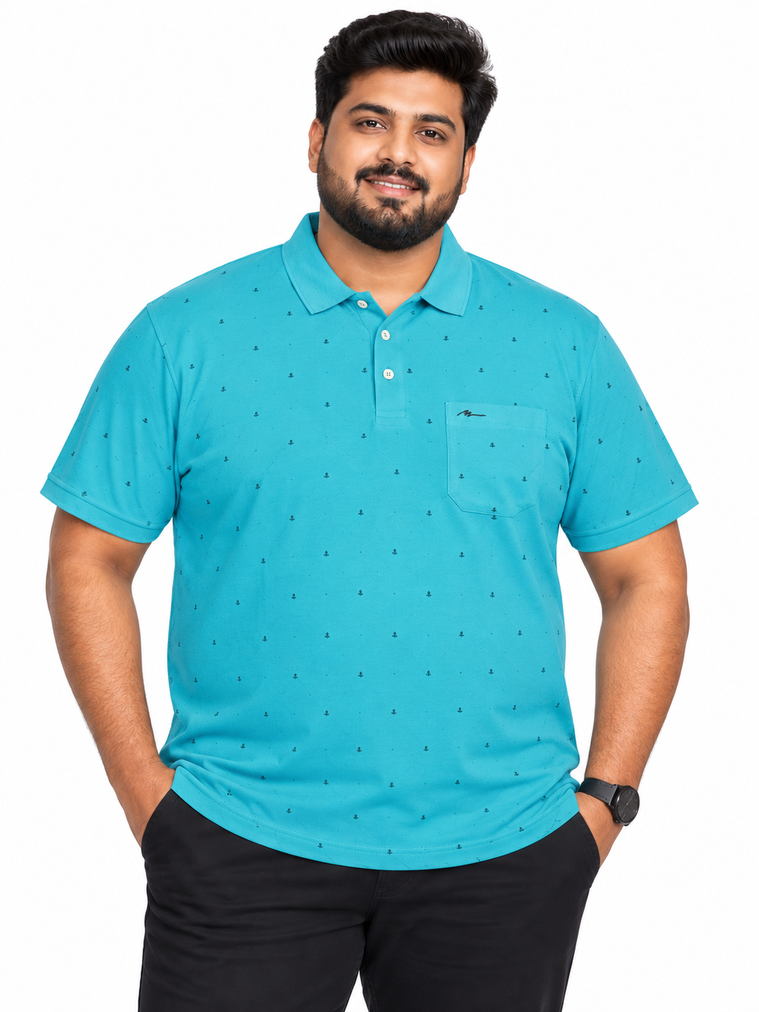 Men's Turquoise Blue Printed Knitted Cotton Polo T-Shirt
