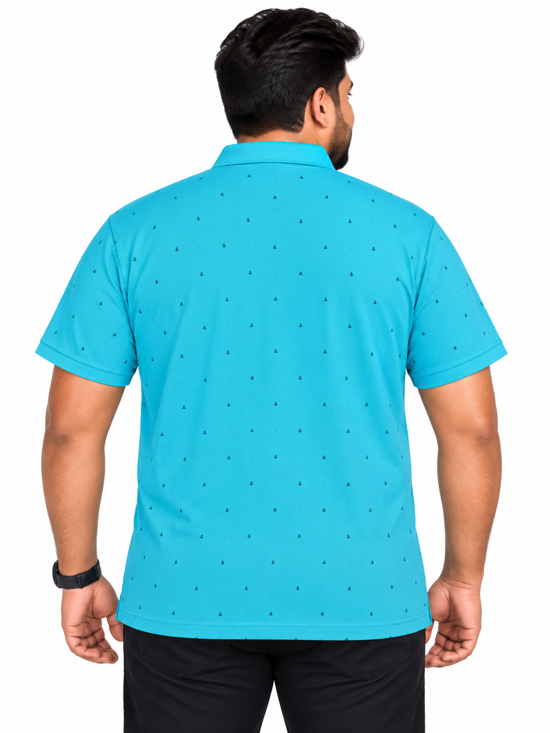 Men's Turquoise Blue Printed Knitted Cotton Polo T-Shirt