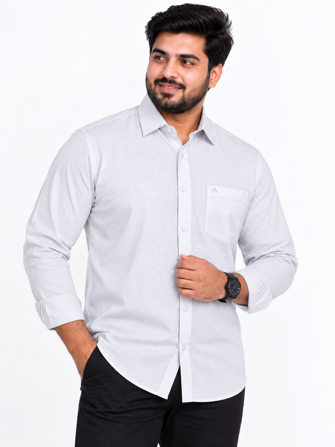Men’s Light Grey Micro Check Full Sleeve Shirt