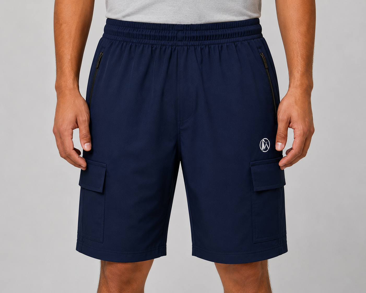 Men’s Navy Blue Cargo Shorts with Elastic Waist, Zipper & Flap Pockets
