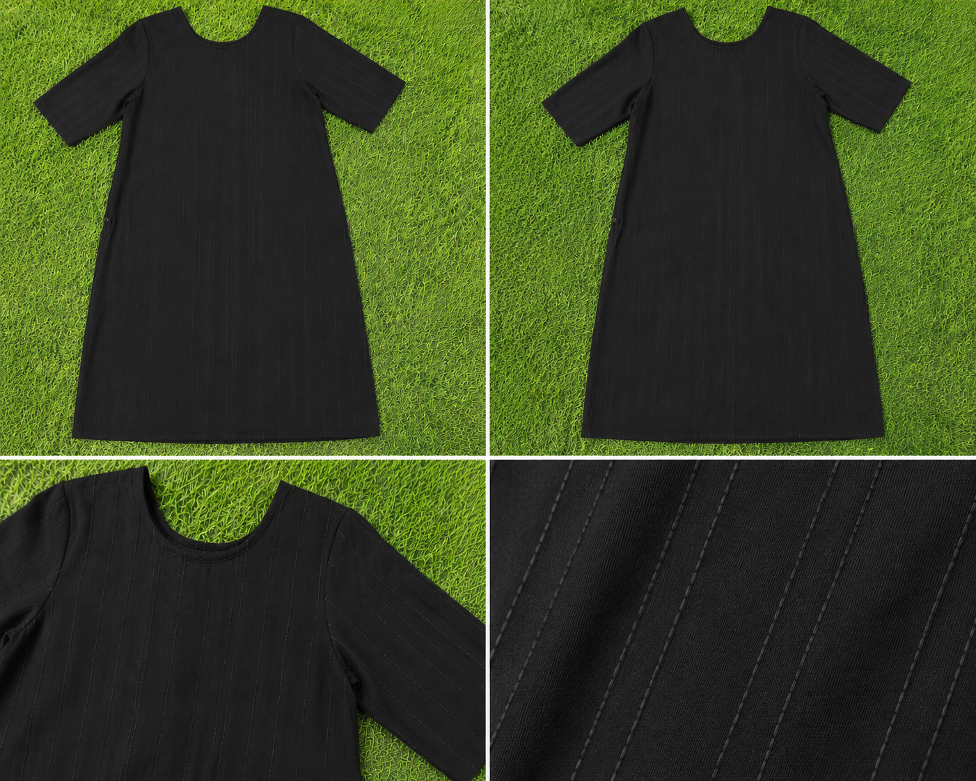 Women’s Charcoal Black Self-Striped Textured Cotton Straight-Cut Kurthi with Elbow Sleeves & Pocket