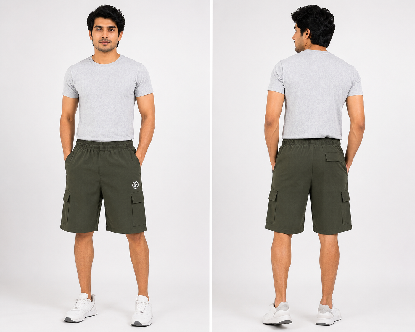 Men's Elastic Waist Olive Green Cargo Shorts with Zipper Pocket