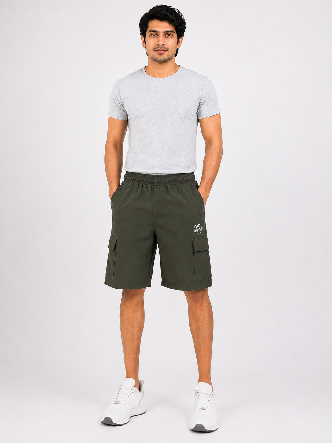 Men's Elastic Waist Olive Green Cargo Shorts with Zipper Pocket
