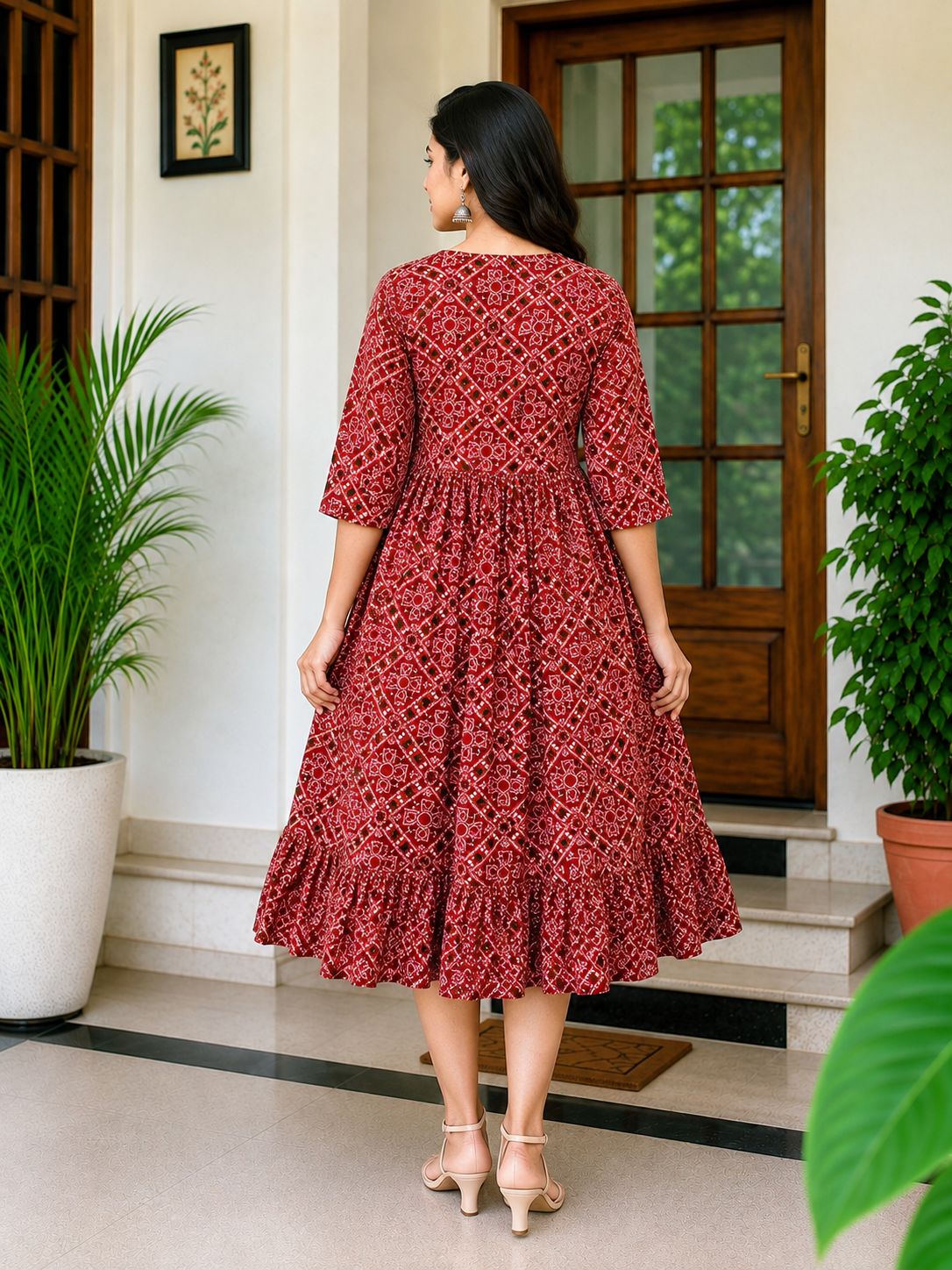 Women's Maroon red color Printed Flared Umbrella model kurti with Elbow Sleeves