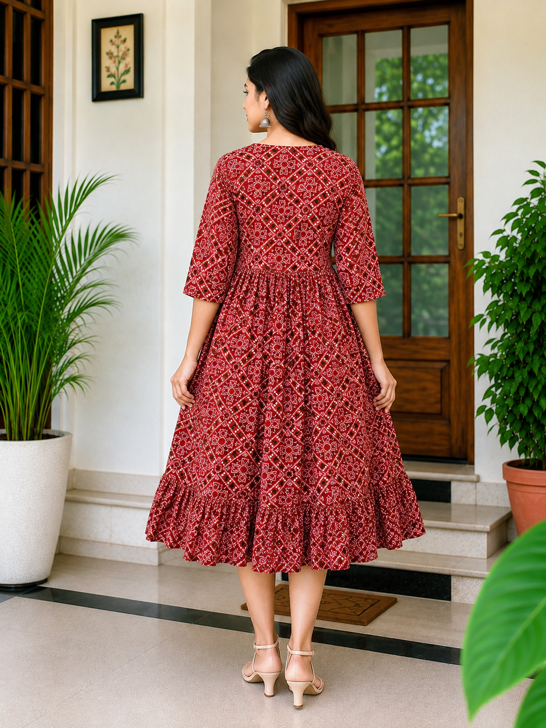 Women's Maroon red color Printed Flared Umbrella model kurti with Elbow Sleeves
