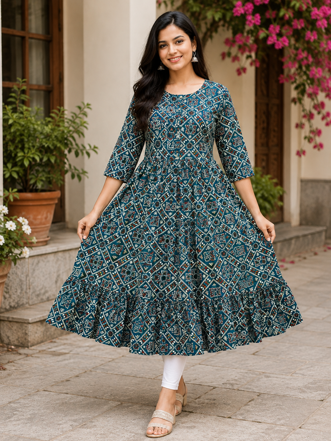 Women's Peacock Blue Printed Flared Umbrella model kurti with Elbow Sleeves