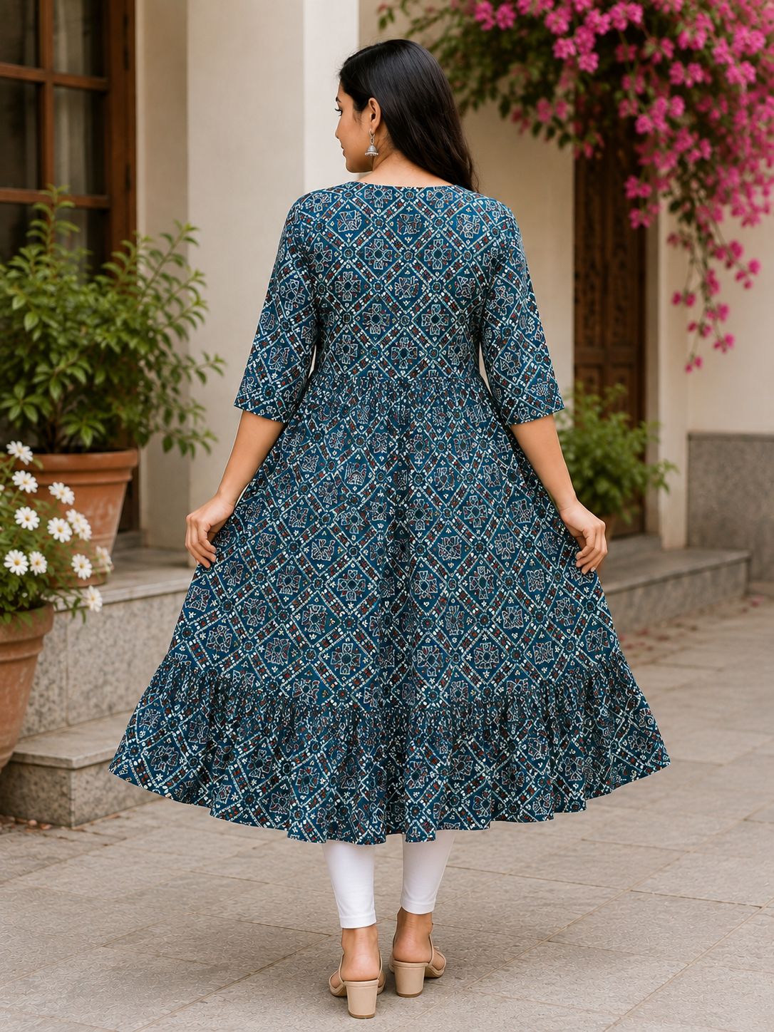 Women's Peacock Blue Printed Flared Umbrella model kurti with Elbow Sleeves