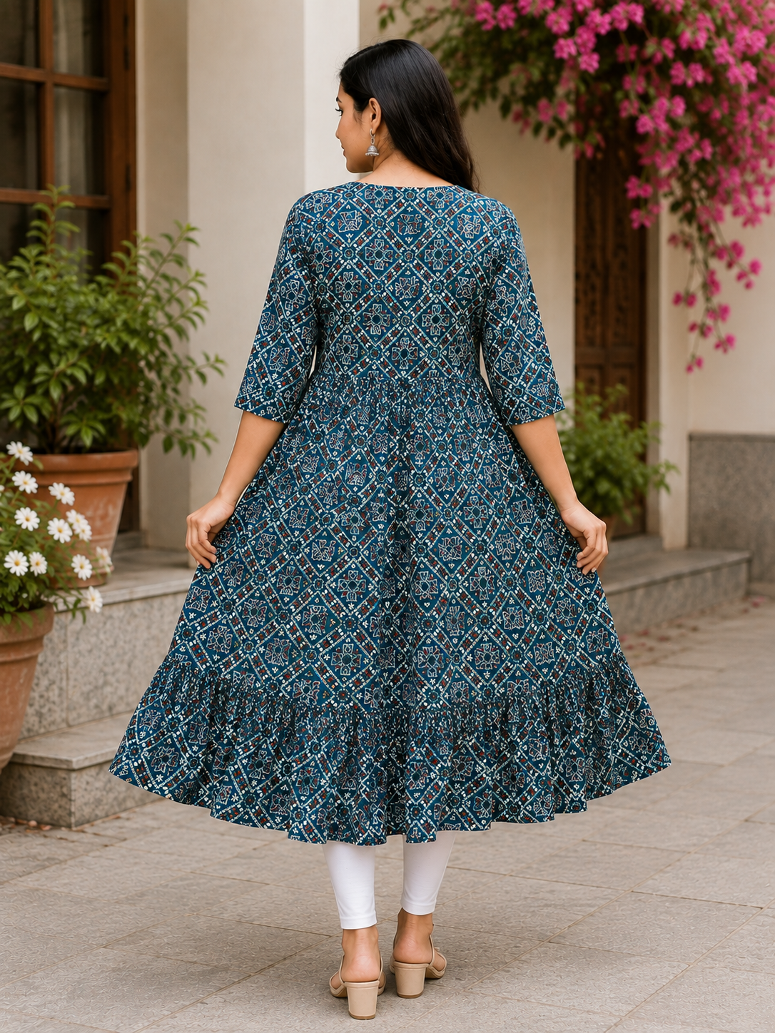 Women's Peacock Blue Printed Flared Umbrella model kurti with Elbow Sleeves
