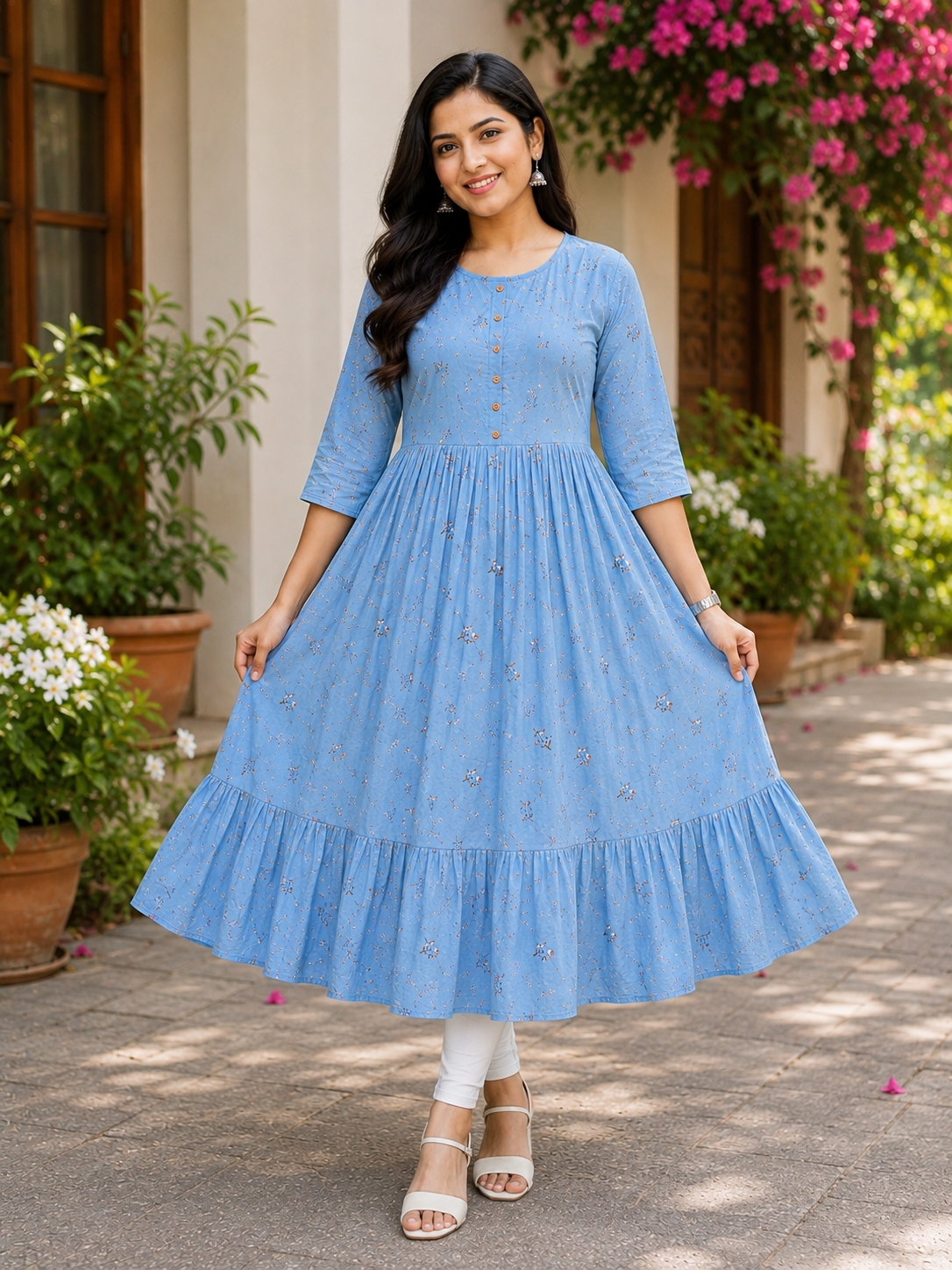 Women's's Light Blue Printed Flared Umbrella model kurti with Elbow Sleeves