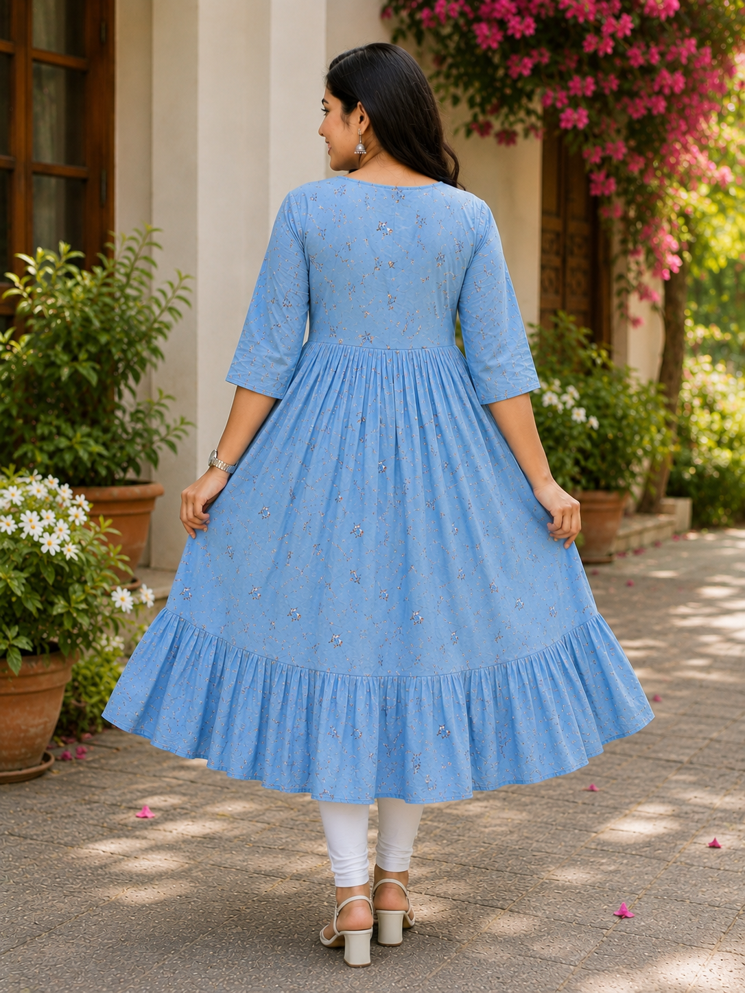 Women's's Light Blue Printed Flared Umbrella model kurti with Elbow Sleeves