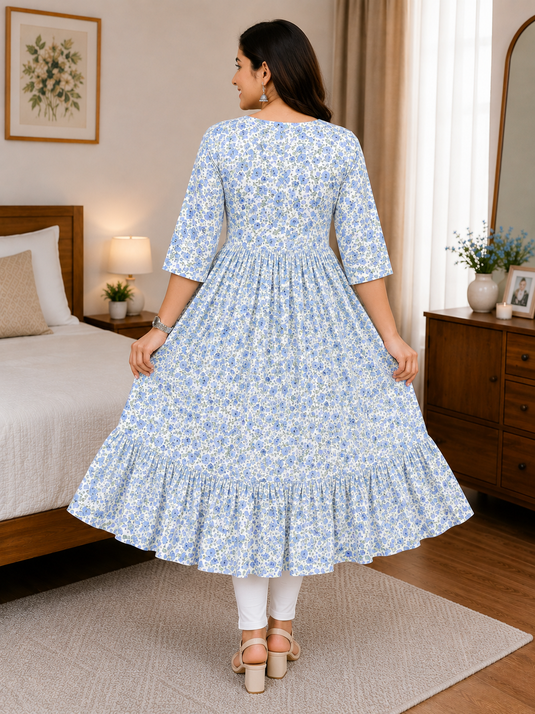 Women's Off-White with Light Blue & Green Floral Print Flared Umbrella model kurti with Elbow Sleeves