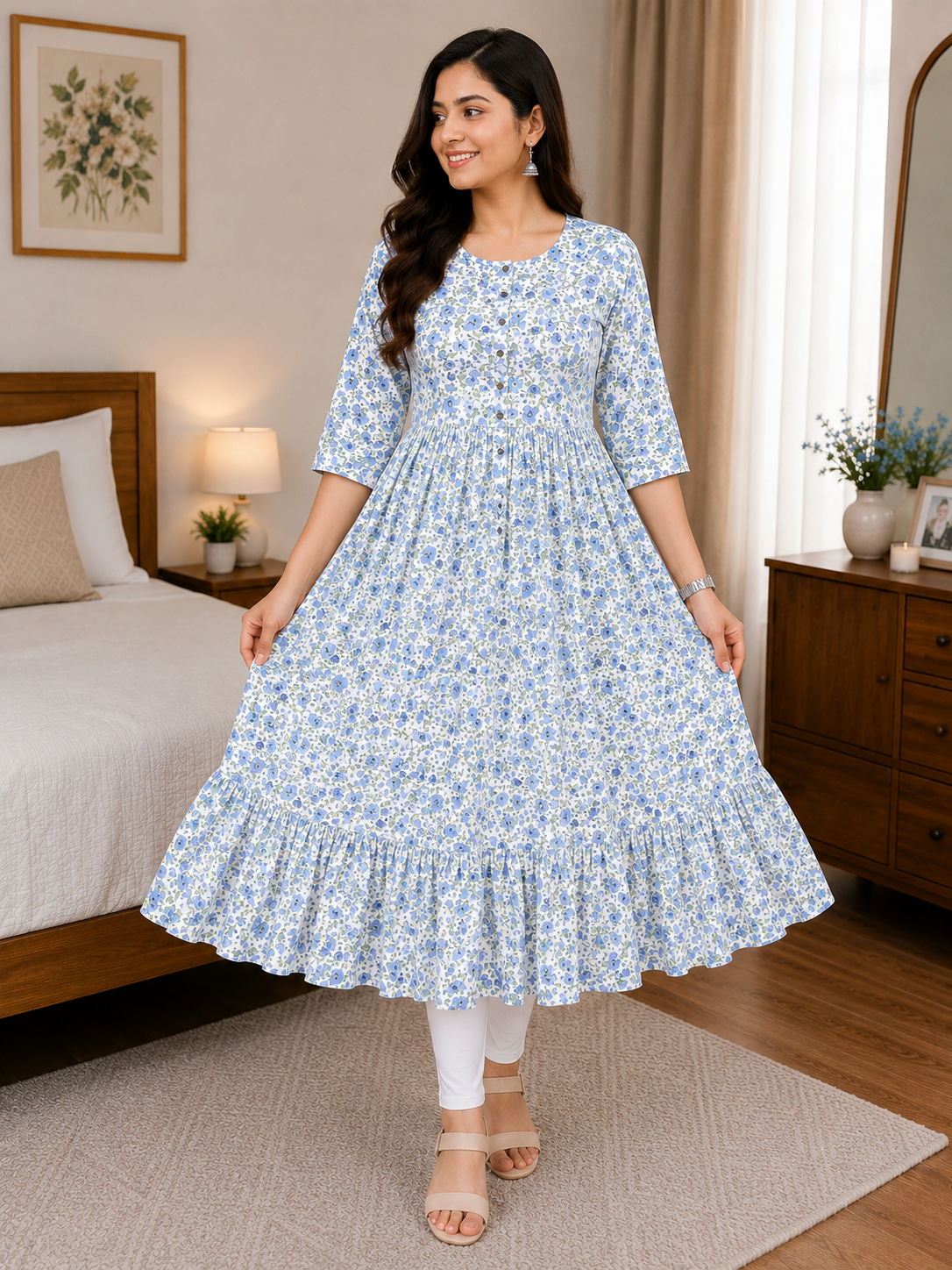 Women's Off-White with Light Blue & Green Floral Print Flared Umbrella model kurti with Elbow Sleeves