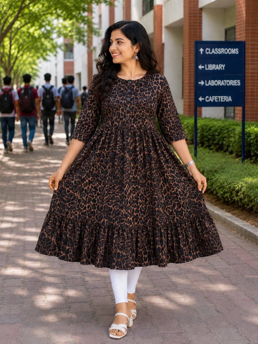 Women's Camel Brown and Black Animal Print Flared Umbrella model kurti with Elbow Sleeves