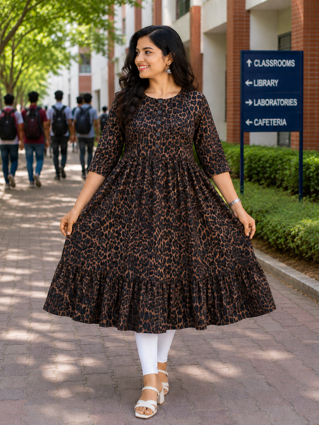 Women's Camel Brown and Black Animal Print Flared Umbrella model kurti with Elbow Sleeves