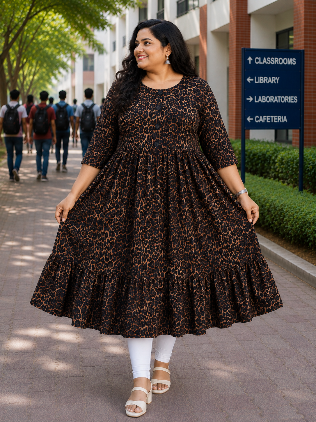 Women's Camel Brown and Black Animal Print Flared Umbrella model kurti with Elbow Sleeves