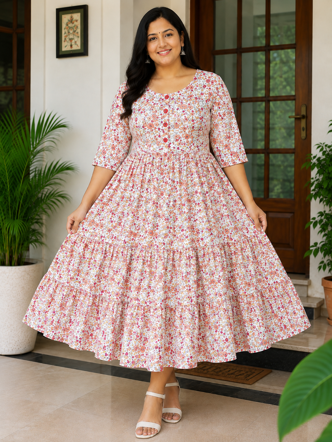 Women's Off-White with Orange and Pink Floral Print Flared Umbrella model kurti with Elbow Sleeves