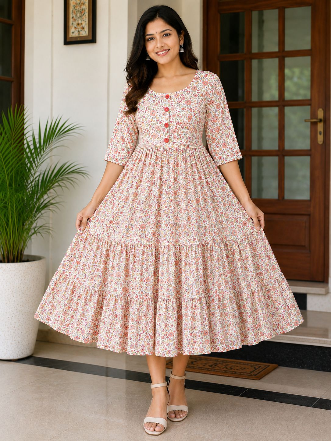 Women's Off-White with Orange and Pink Floral Print Flared Umbrella model kurti with Elbow Sleeves