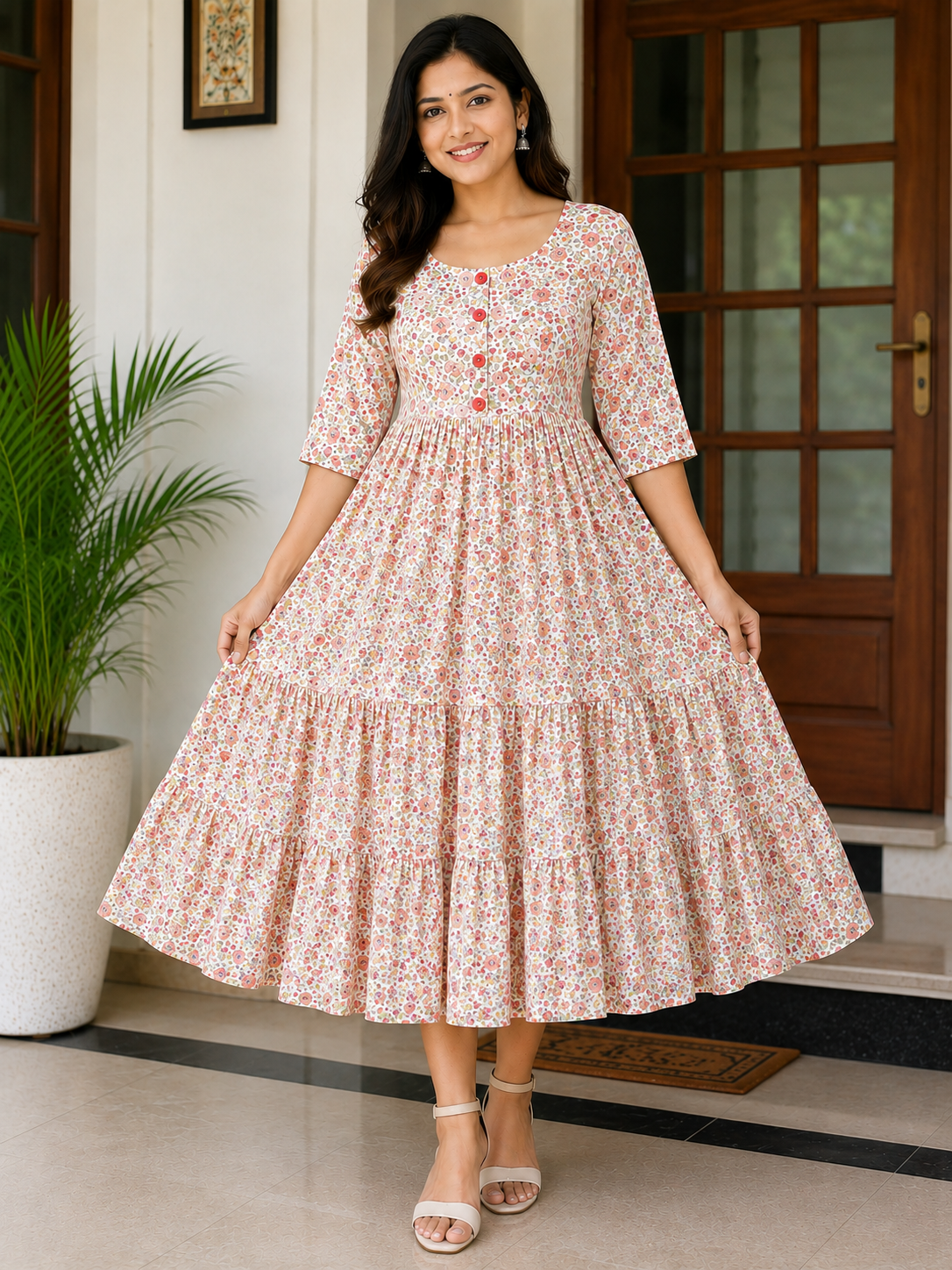 Women's Off-White with Orange and Pink Floral Print Flared Umbrella model kurti with Elbow Sleeves