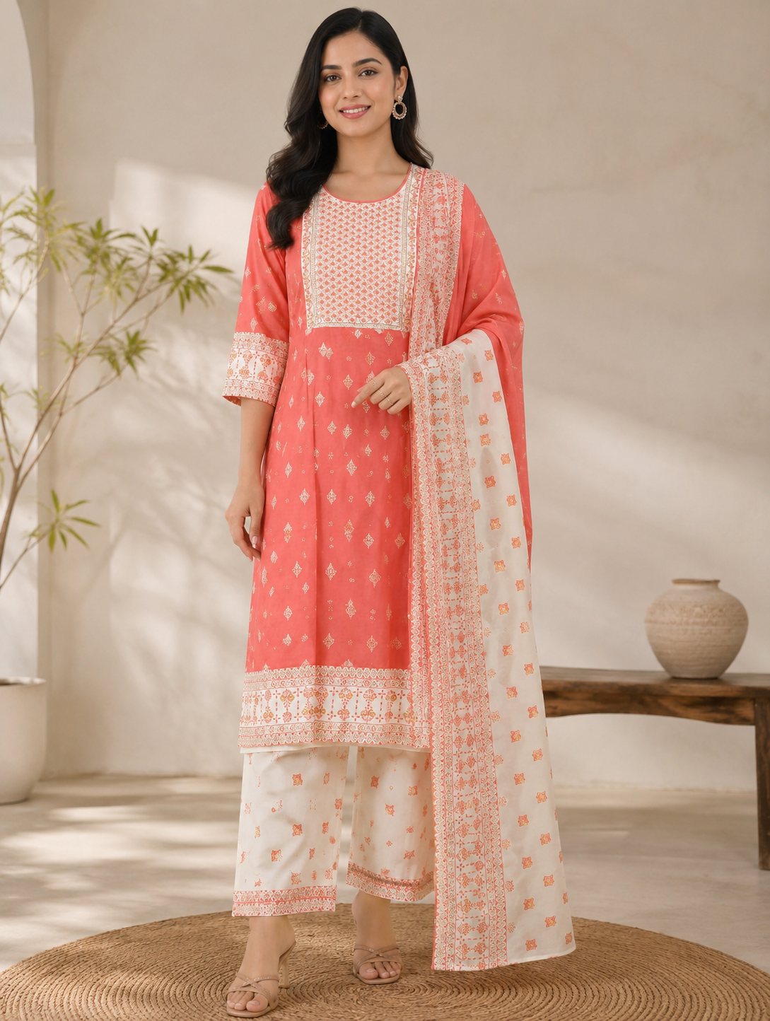Elegant Coral Pink and White Printed Rayon Top & Dupatta Set