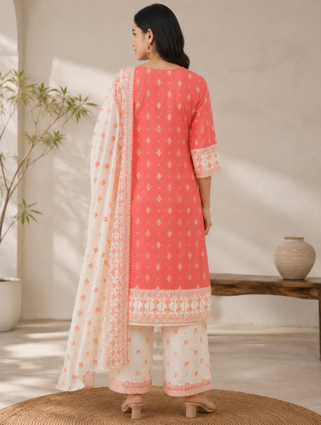 Elegant Coral Pink and White Printed Rayon Top & Dupatta Set