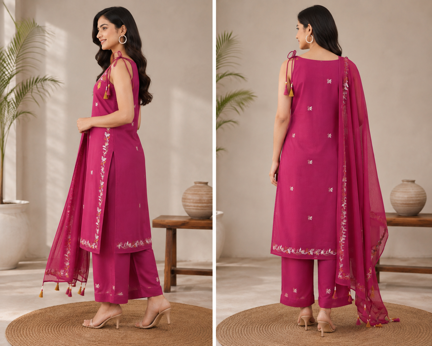 Vibrant Magenta Embroidered Cotton 3-Piece sleeveless Kurti Set
