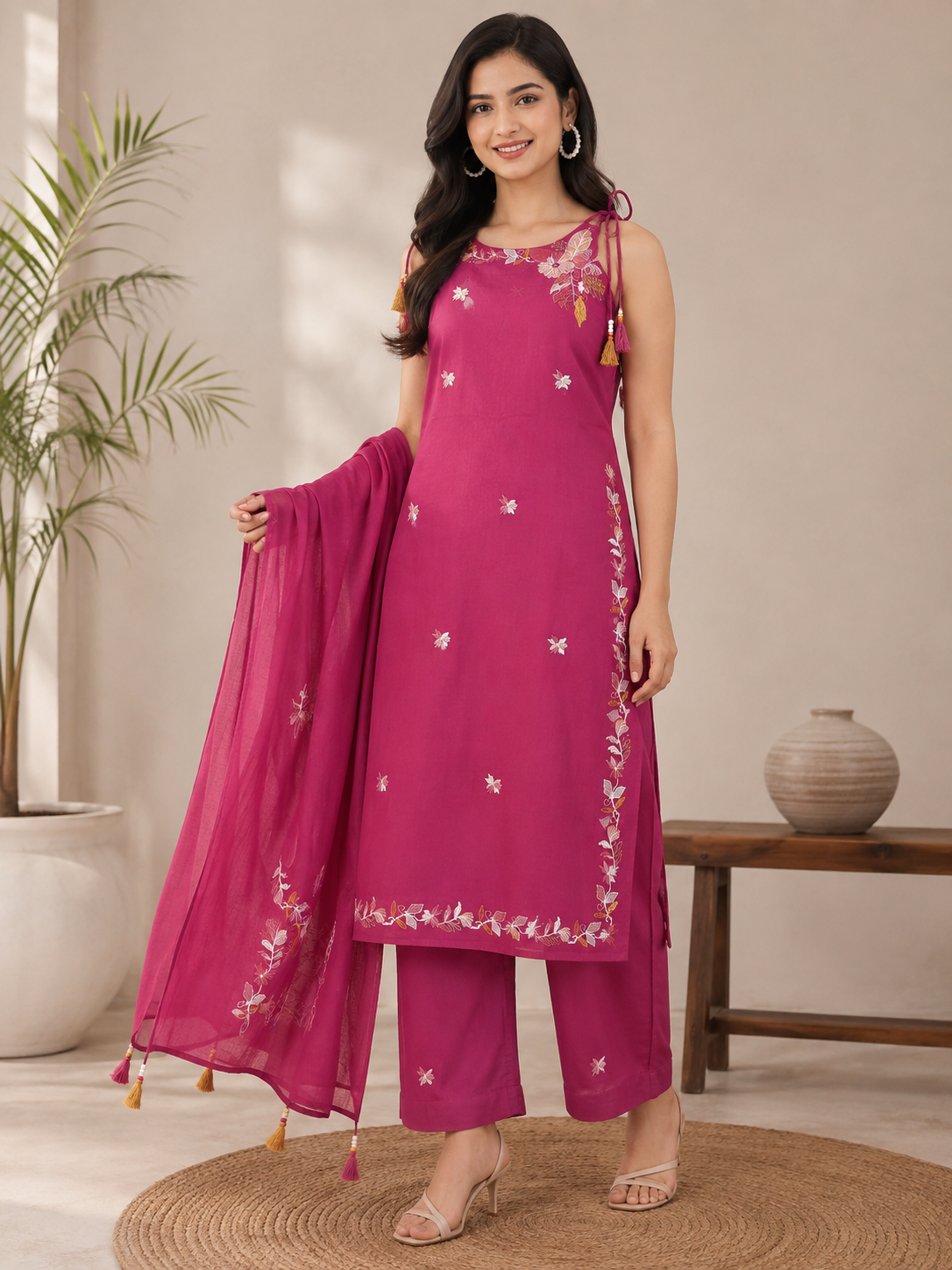 Vibrant Magenta Embroidered Cotton 3-Piece sleeveless Kurti Set