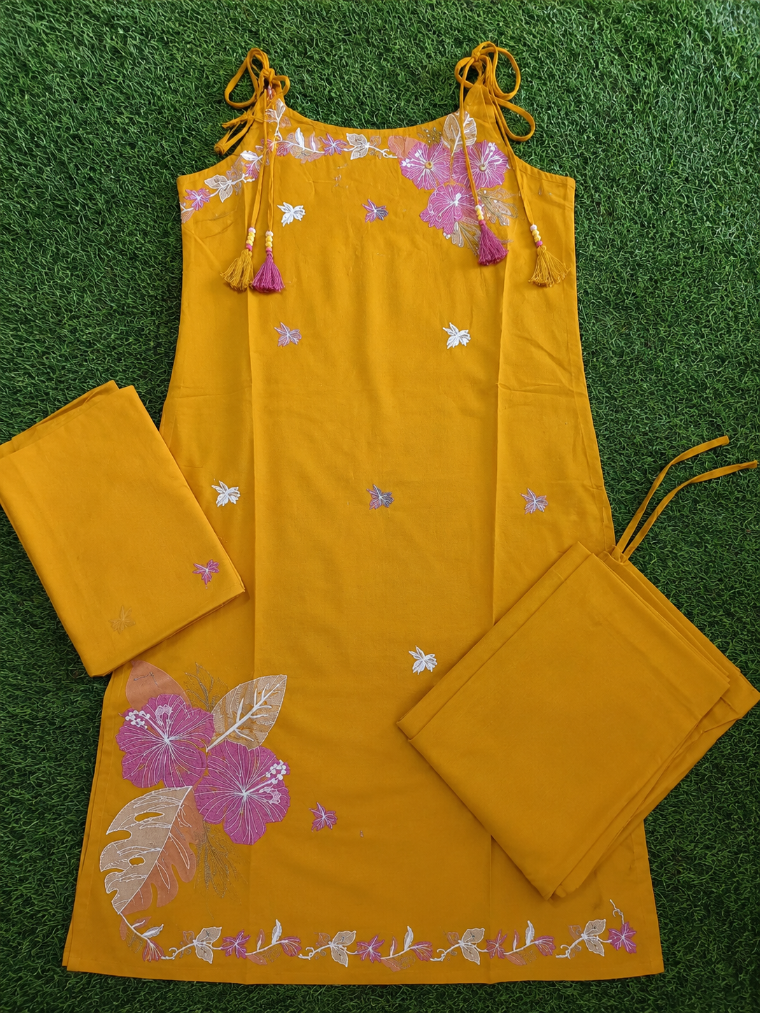 Vibrant Mustard Yellow Embroidered sleeveless Cotton 3-Piece Kurti Set
