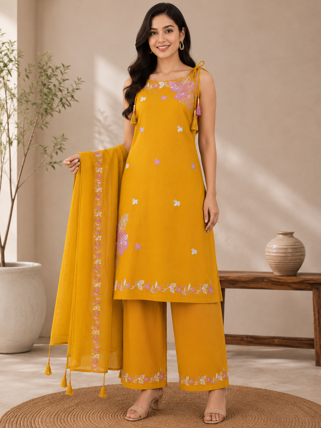 Vibrant Mustard Yellow Embroidered sleeveless Cotton 3-Piece Kurti Set
