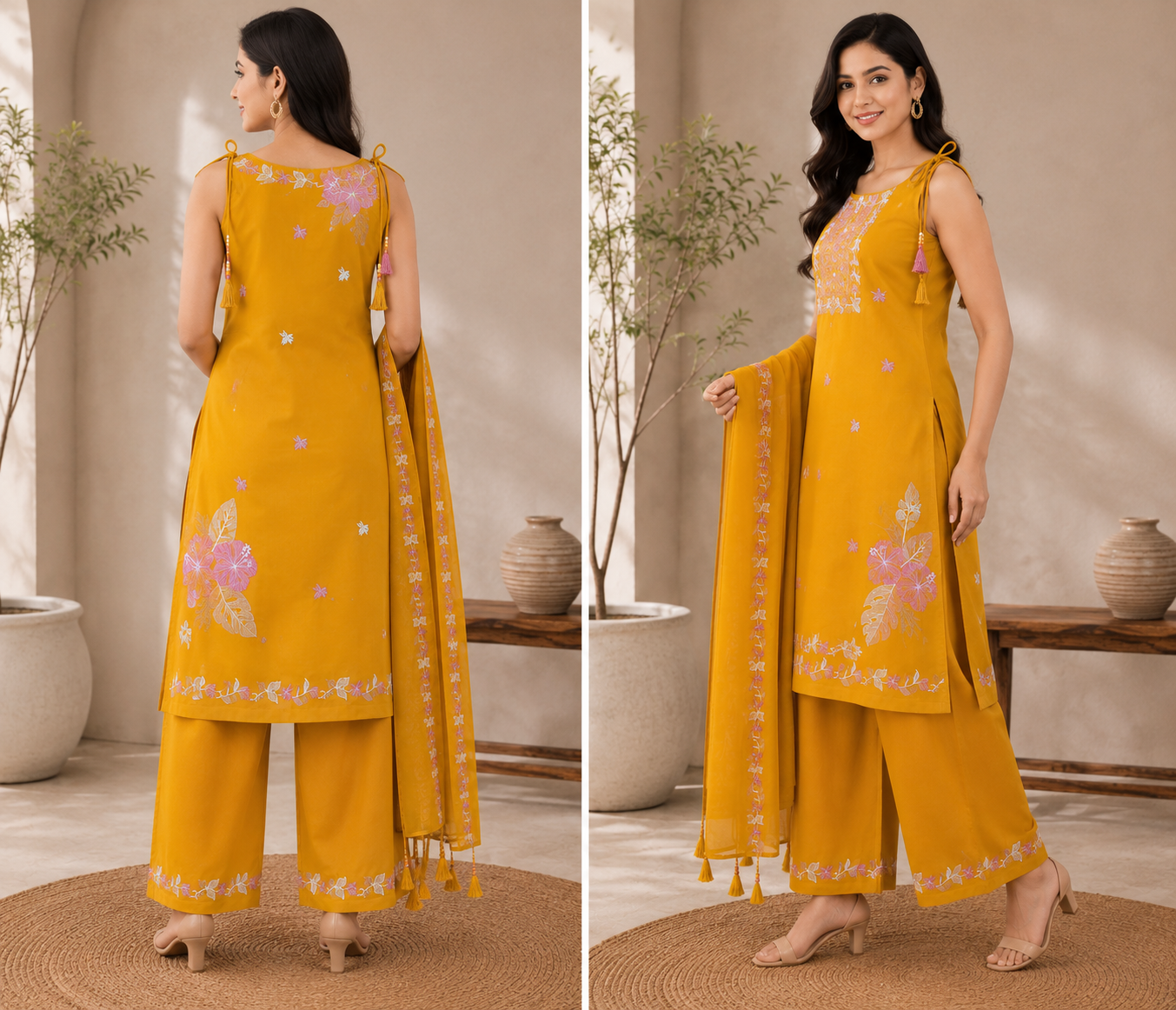 Vibrant Mustard Yellow Embroidered sleeveless Cotton 3-Piece Kurti Set