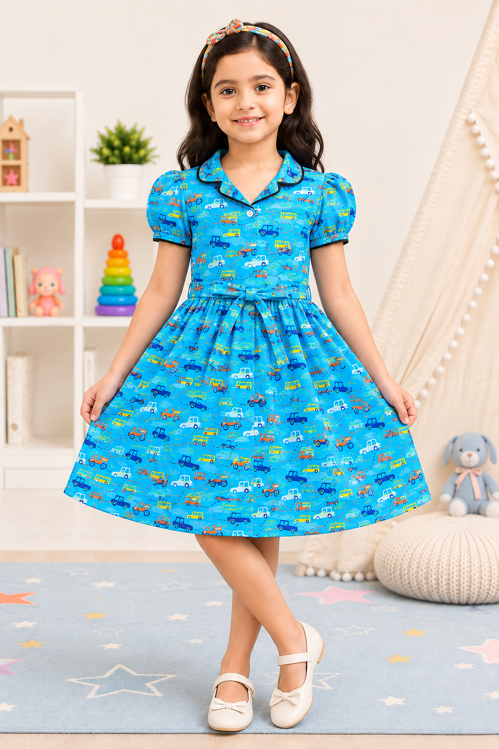 Playful Blue "City Wheels" Cotton Daily Frock (2-16 Years)