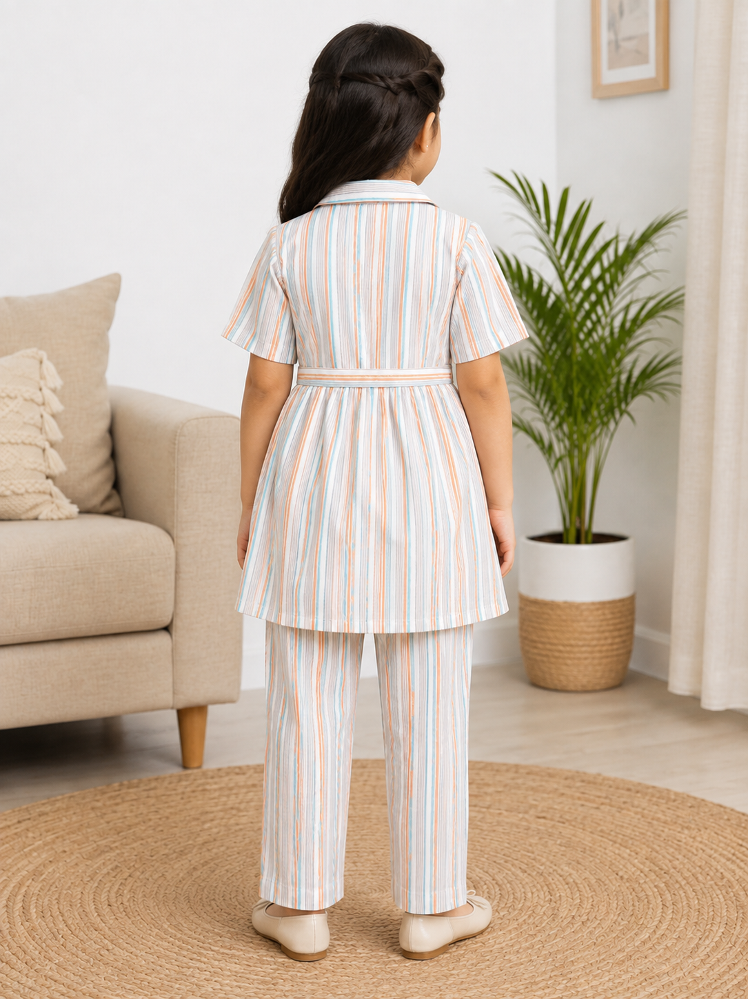 Breezy Coastal Stripe Sheer Checker Cotton Peplum Co-Ord Set