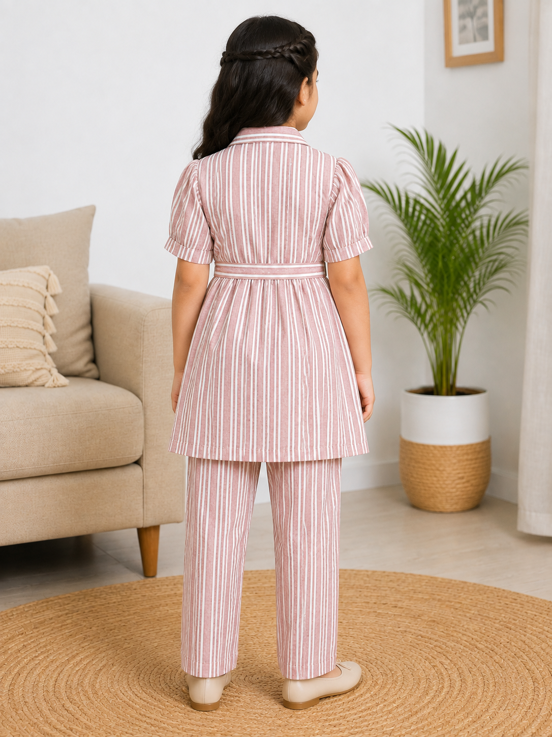 Dusty Rose Striped Sheer Checker Cotton Peplum Co-Ord Set