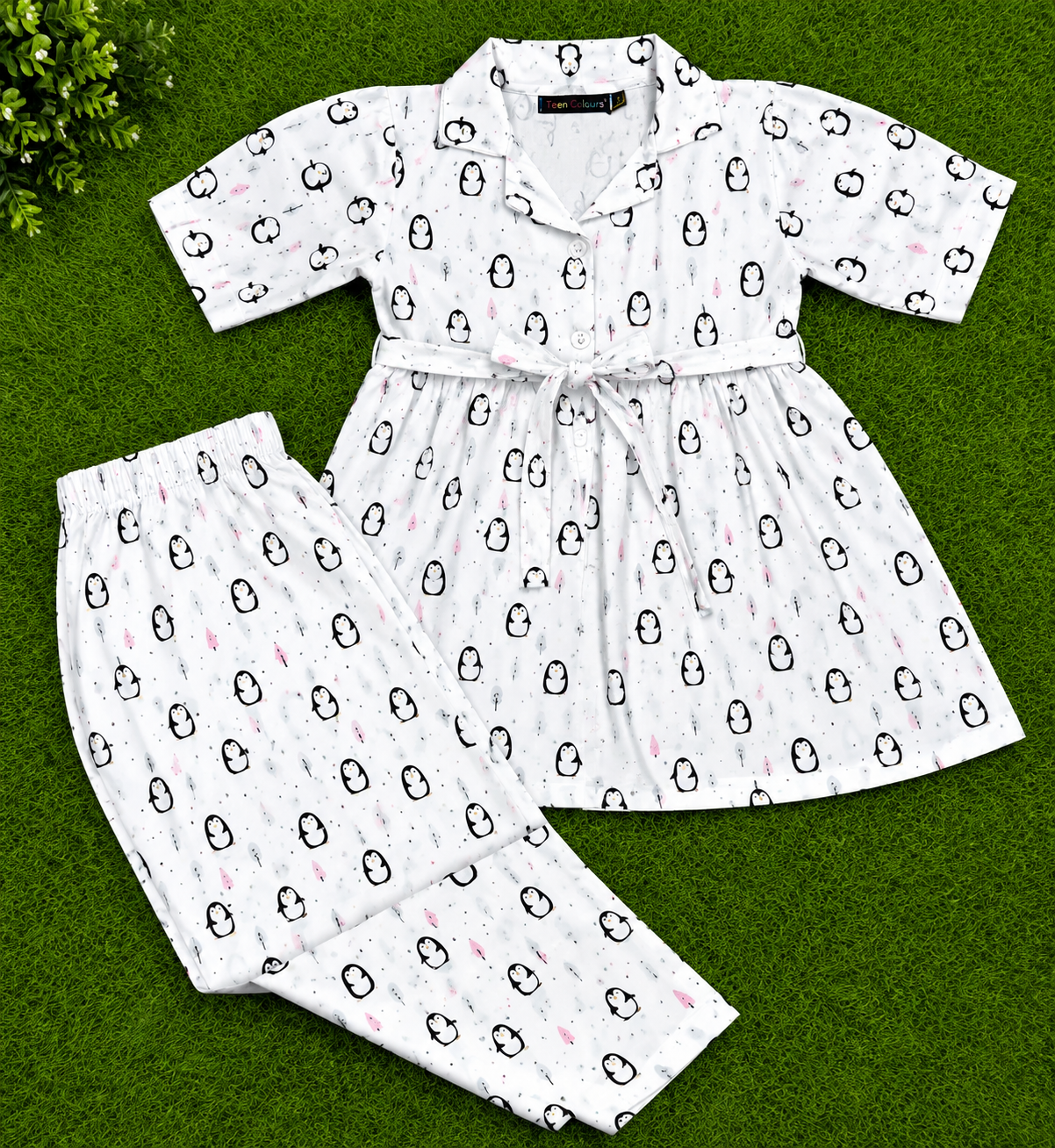 Playful Penguin Print Peplum Top & Pants Co-Ord Set