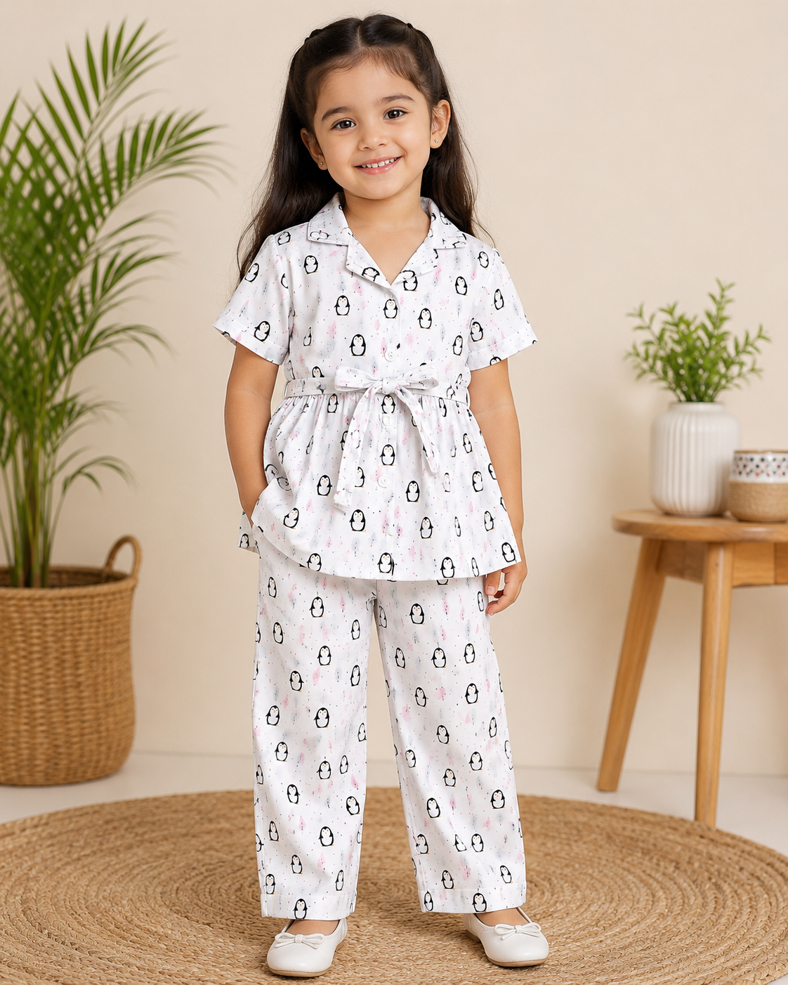 Playful Penguin Print Peplum Top & Pants Co-Ord Set