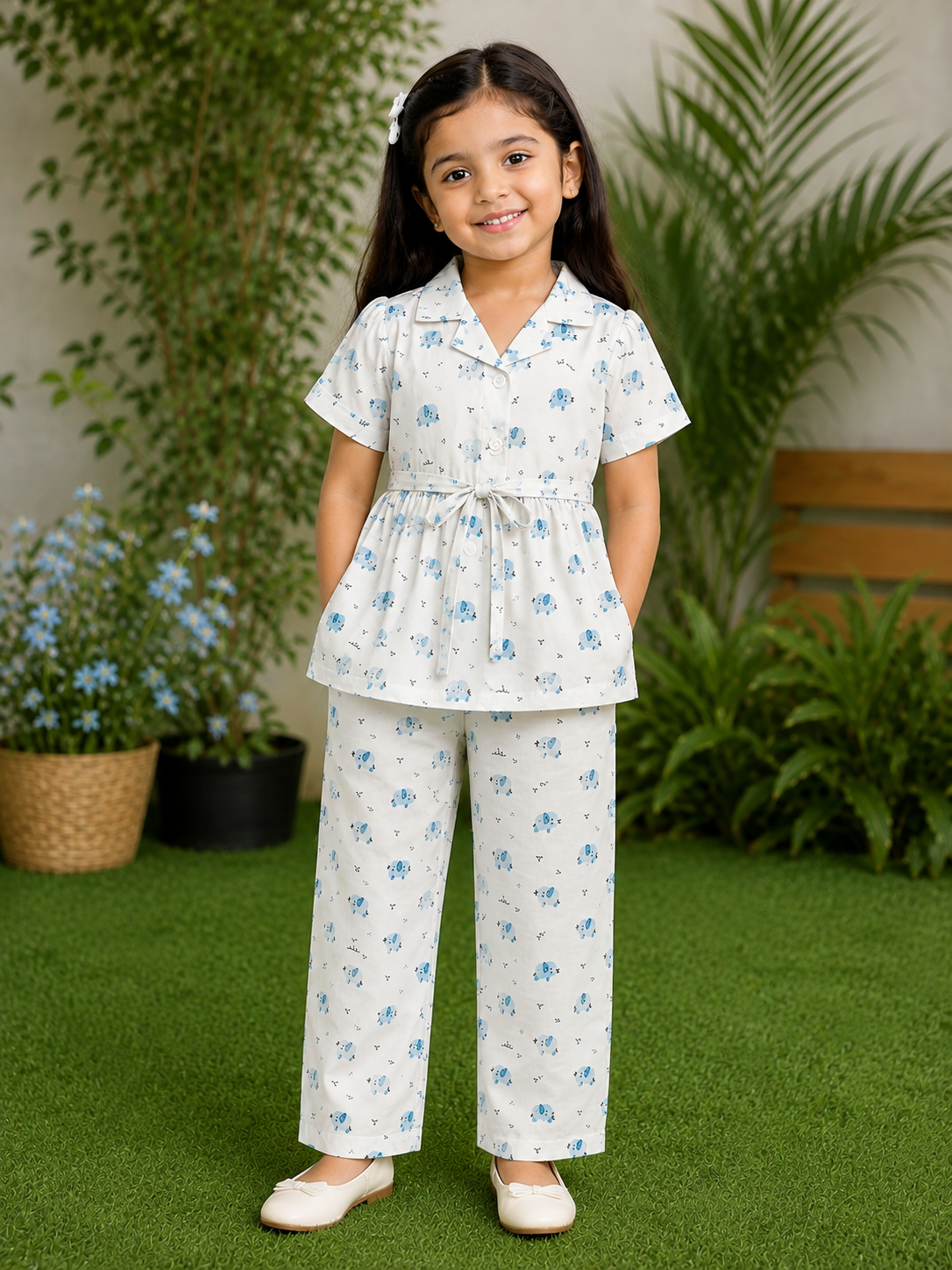 Whimsical Blue Elephant Peplum Top & Pants Co-Ord Set