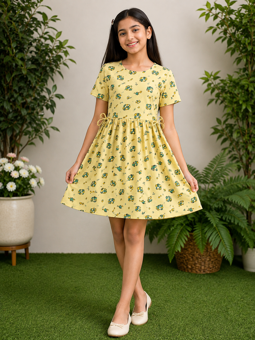 Little Builder Construction Print Girls Daily Wear Frock - Premium Yellow Hosiery