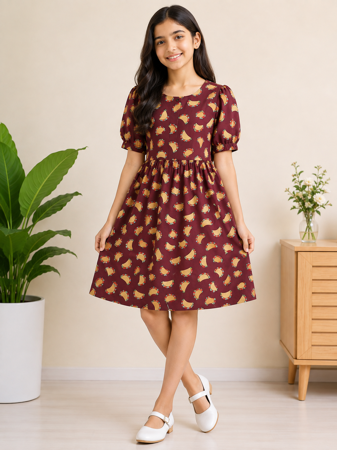 Playful Taco Print Girls Daily Wear Frock - Premium Maroon Hosiery