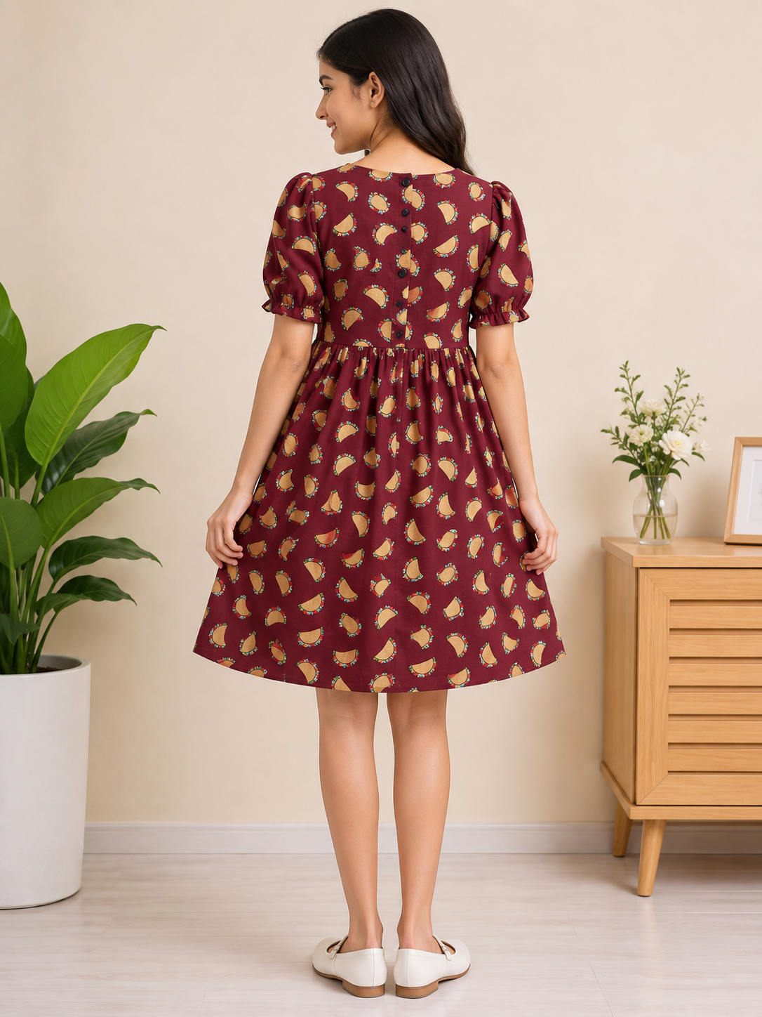 Playful Taco Print Girls Daily Wear Frock - Premium Maroon Hosiery