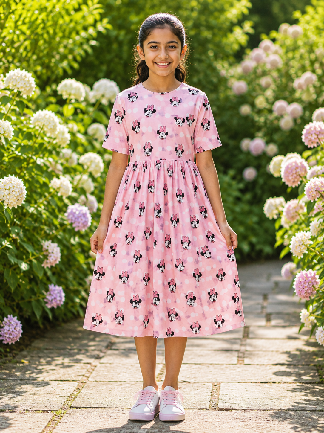 Teen Colours Premium Pure Cotton Minnie Mouse Frock  Pastel Pink with Polka Dots & Inner Lining